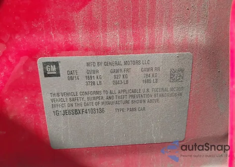 2015 Chevrolet Sonic Ltz Auto из США, поврежденный, VIN 1G1JE6SBXF4103136